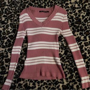 Women's Pink and White Striped Ribbed V-Neck Sweater